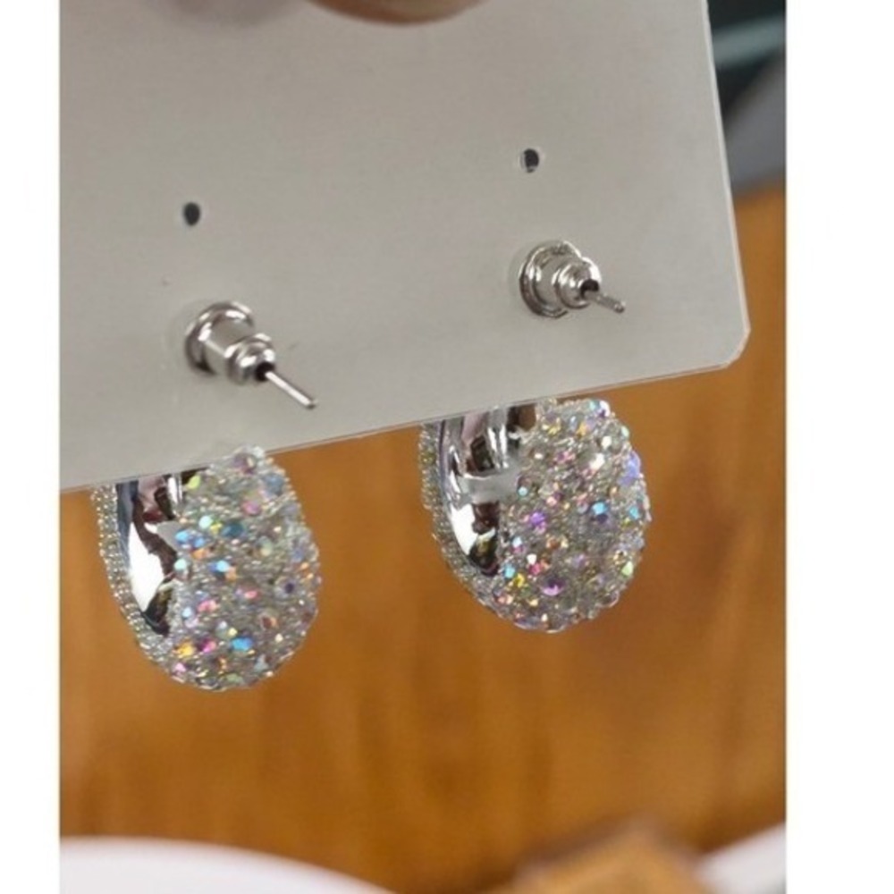 Ellas Chunky Hoop Earrings Silver Iridescent New AB Crystal Rhinestone Statement - Picture 3 of 4